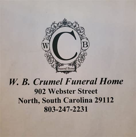 W b crumel funeral home - The viewing will be from 1 p.m. to 7 p.m. Thursday, April 7 at W. B. Crumel Funeral Home of North. Friends may call the residence and the funeral home. Published by The State on Apr. 7, 2022.